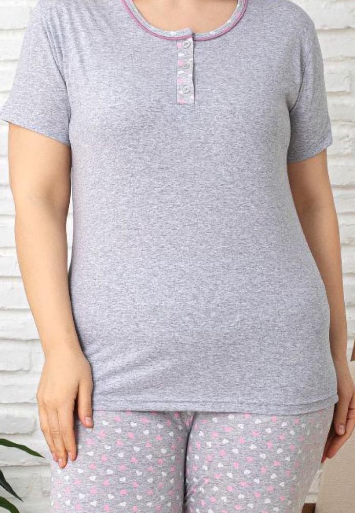 Pijama damă BIG SIZE, gri, confortabilă, mânecă scurtă + pantalon 3/4, Engros